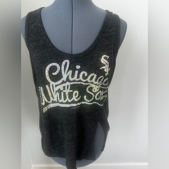 Chicago White Sox Sz L Rhinestone Studded Fan Tank Gray Tie Up Tank Top! - Picture 1 of 16